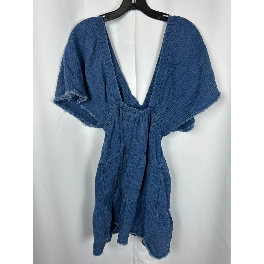 Aerie Blue Cotton Gauze Tiered Mini Dress V-Neck Raw Hem Boho XL - Picture 6 of 7